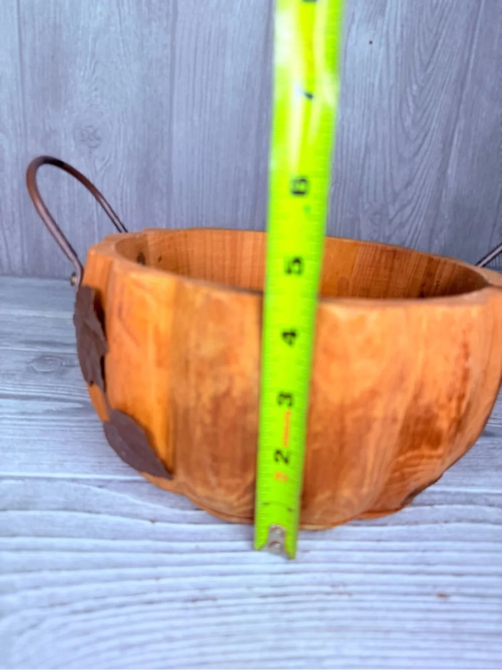 Pier 1 Wooden Pumpkin Bowl Basket Metal Handles Leaf Fall Design decoration